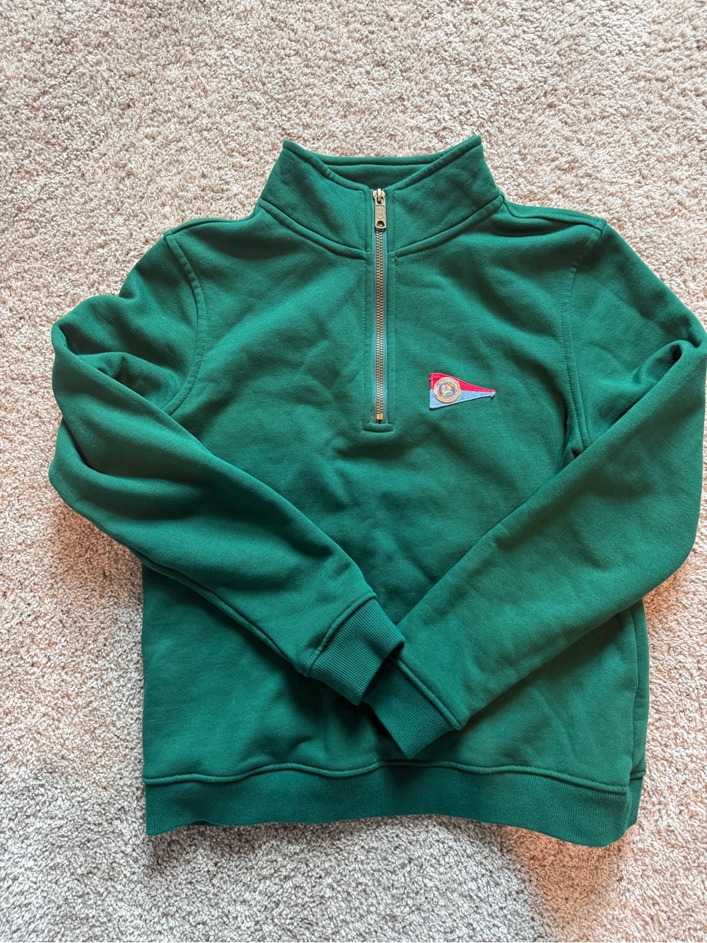 Kiel James Patrick Green Quarter-Zip Sweater with Red/White Pennant Patch